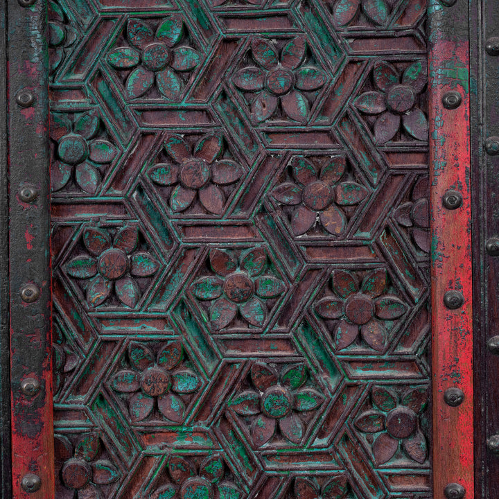 Carving Detail From Antique Teak Majus Dowry Chest With Carved Geometric Panels Horse Heads And Parrot Frieze From Gujarat