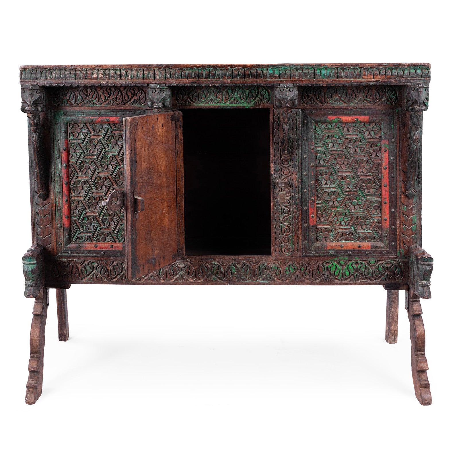 Open Door Detail From Antique Teak Majus Dowry Chest With Carved Geometric Panels Horse Heads And Parrot Frieze From Gujarat