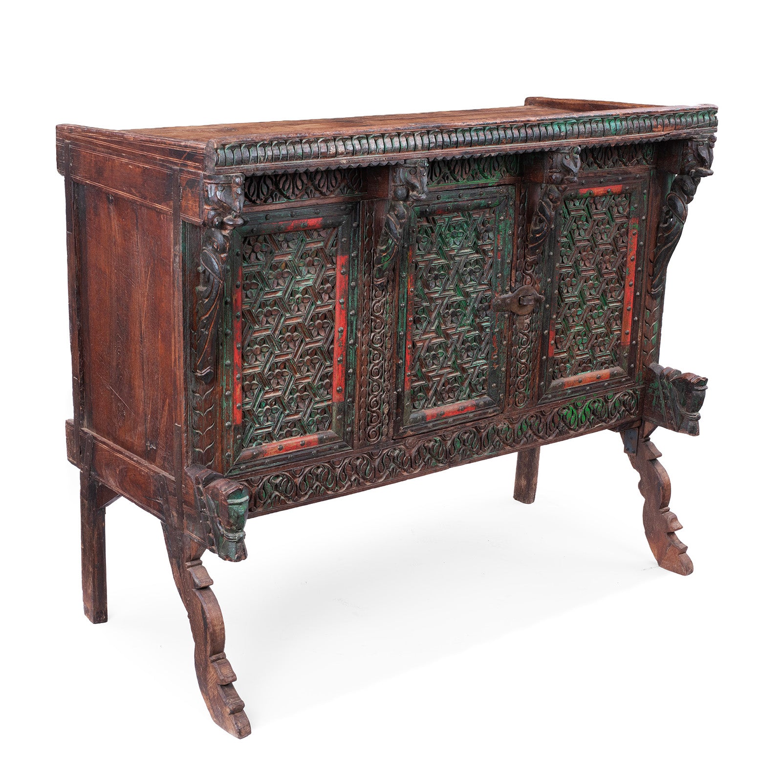 Angled View Of Antique Teak Majus Dowry Chest With Carved Geometric Panels Horse Heads And Parrot Frieze From Gujarat