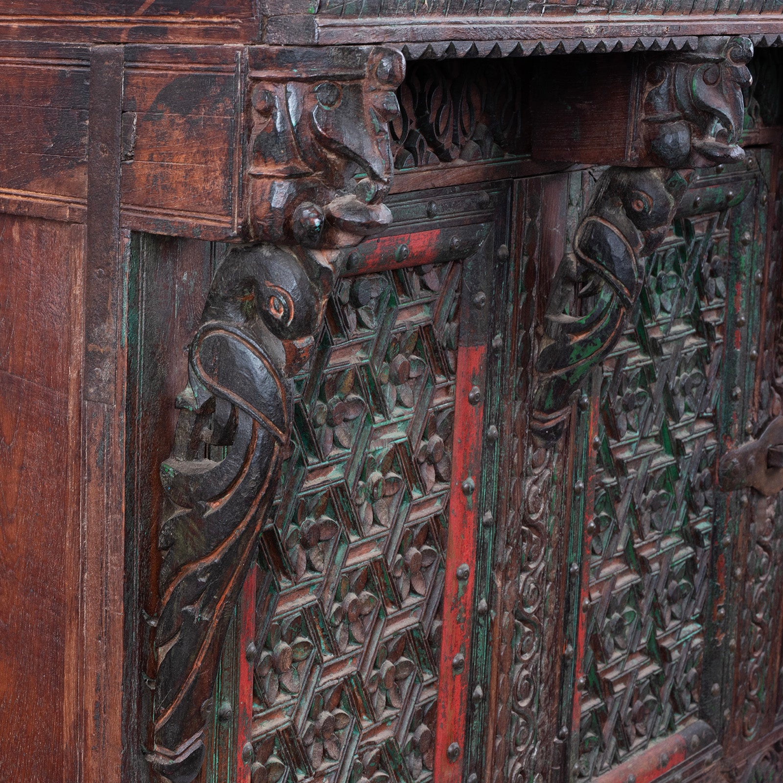 Parrot Carving Detail From Antique Teak Majus Dowry Chest With Carved Geometric Panels Horse Heads And Parrot Frieze From Gujarat