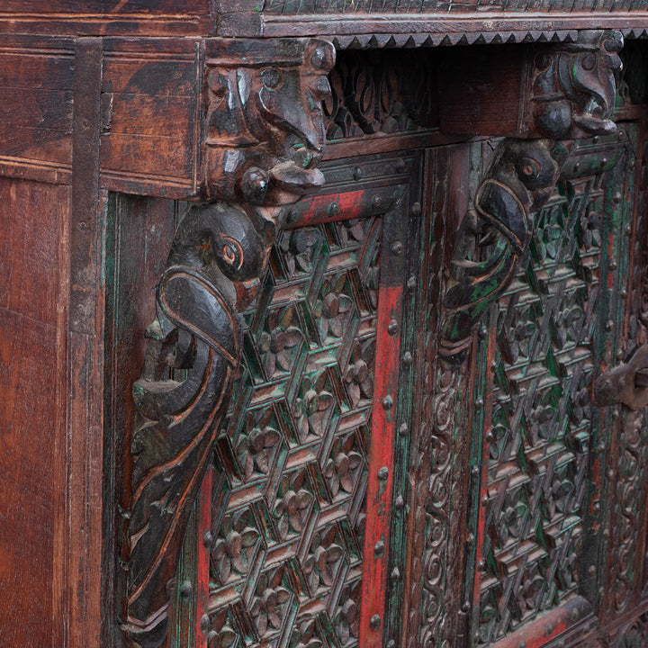 Parrot Carving Detail From Antique Teak Majus Dowry Chest With Carved Geometric Panels Horse Heads And Parrot Frieze From Gujarat