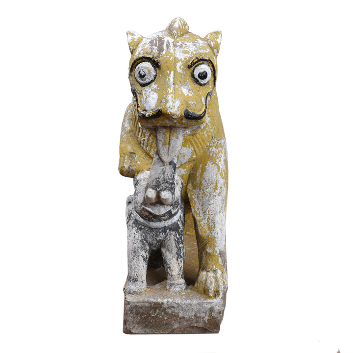 Front View Of Antique Indian Carved Stone Lion & Elephant