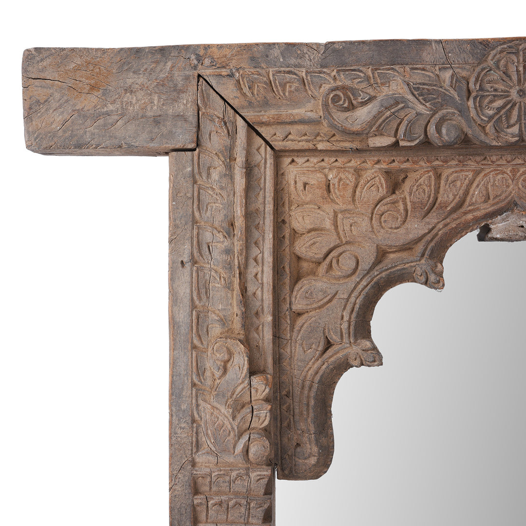 Corner Detail From Carved Teak Andhra Pradesh Window Frame Mirror With Arched Opening 19Th Century