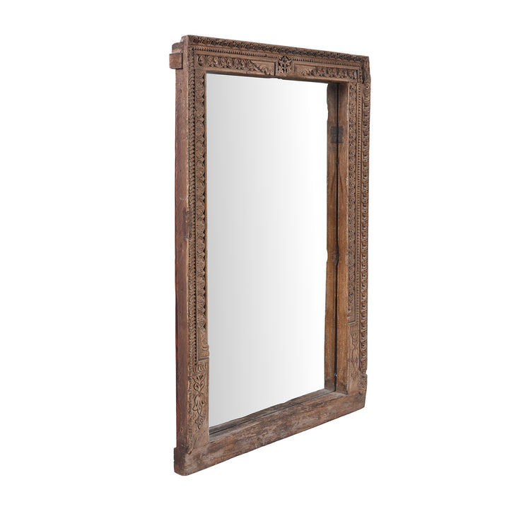 Angled View Of Carved Roheda Wood Shekhawati Mirror With Mughal Style Foliate Detailing