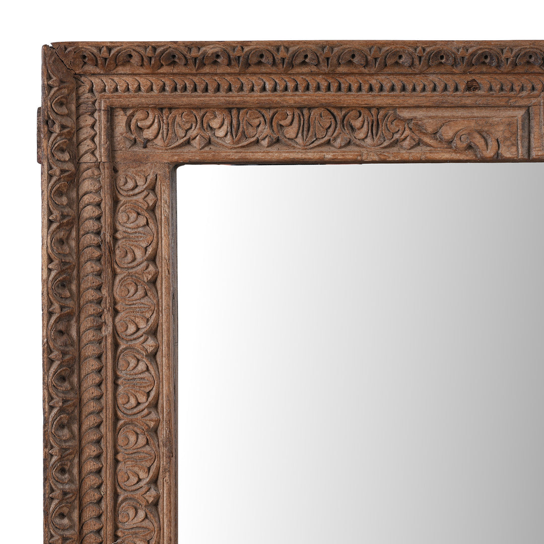 Corner Detail Showing Carving On Carved Roheda Wood Shekhawati Mirror With Mughal Style Foliate Detailing