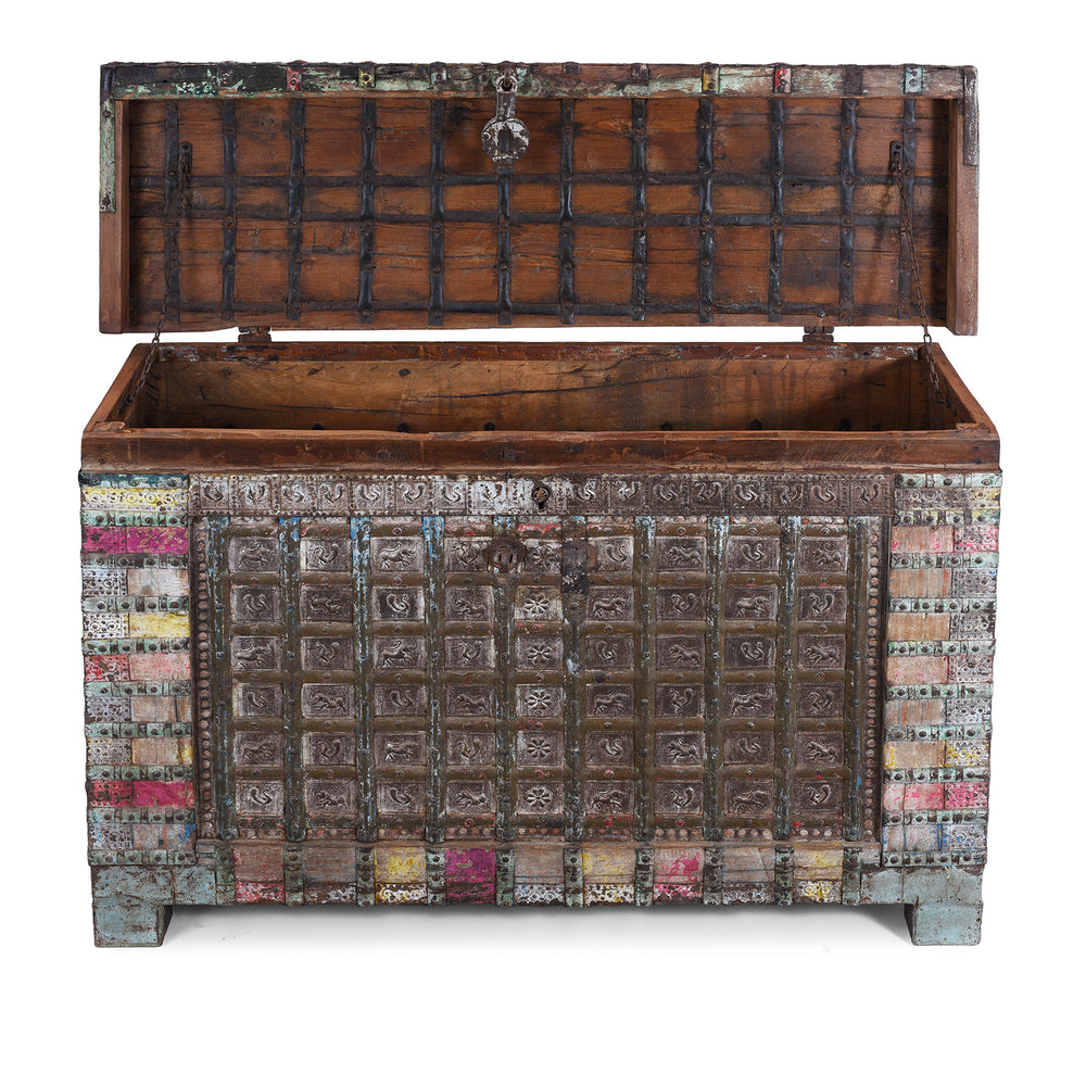 Open Lid View Of Vintage Painted Indian Pithara Console Chest 