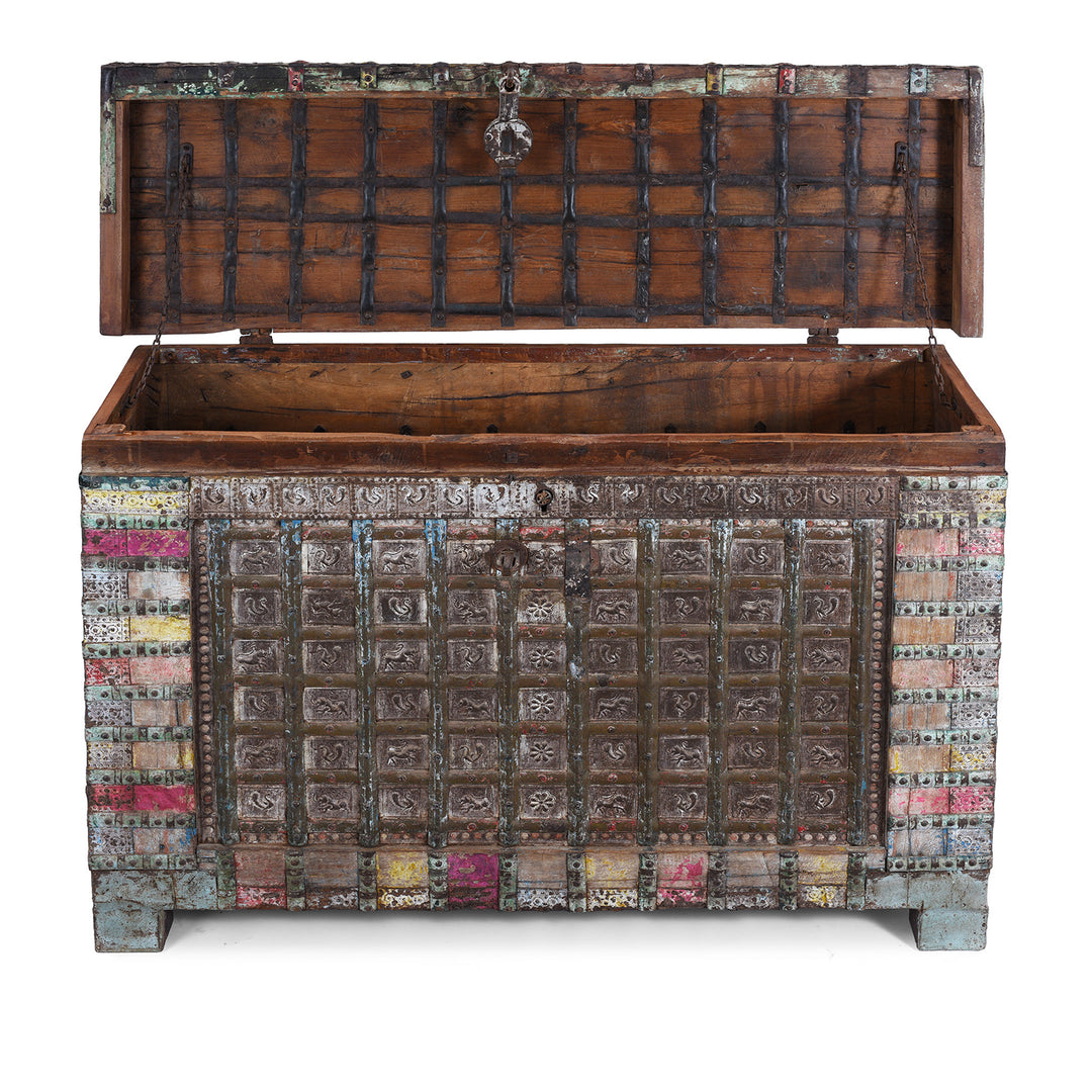 Open Lid View Of Vintage Painted Indian Pithara Console Chest 