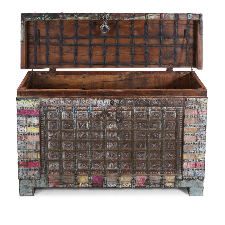 Open Lid View Of Vintage Painted Indian Pithara Console Chest 