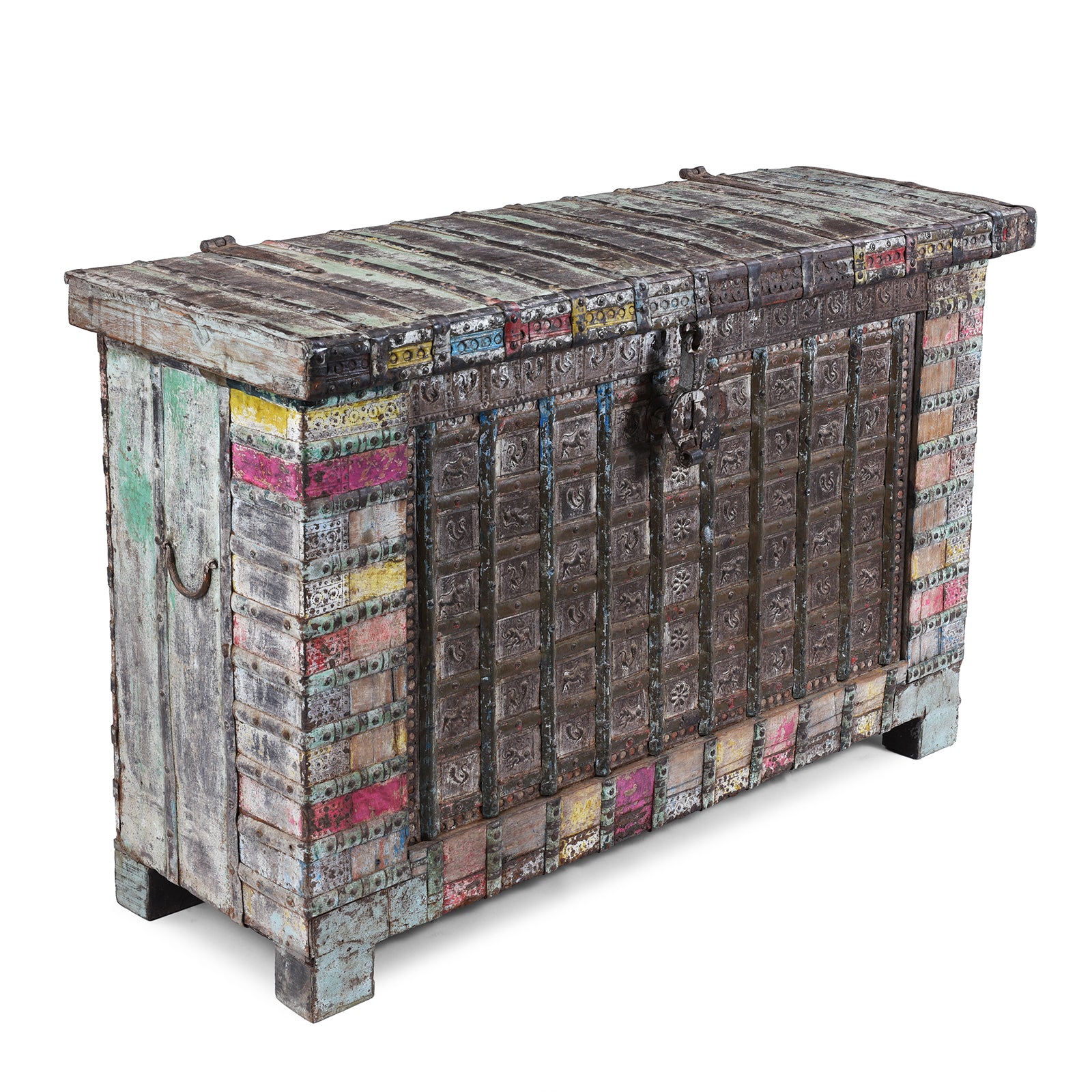 Angled View Of Vintage Painted Indian Pithara Console Chest 