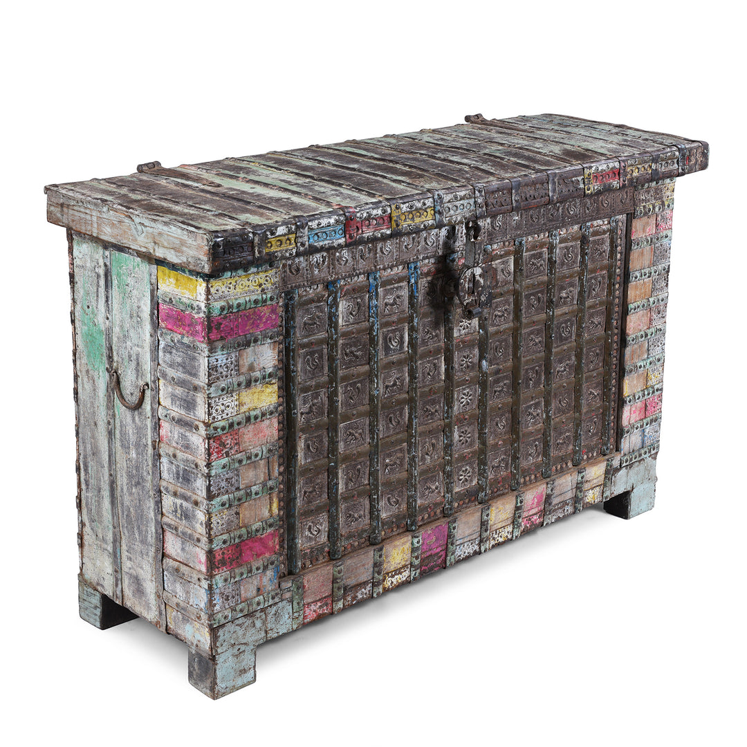 Angled View Of Vintage Painted Indian Pithara Console Chest 