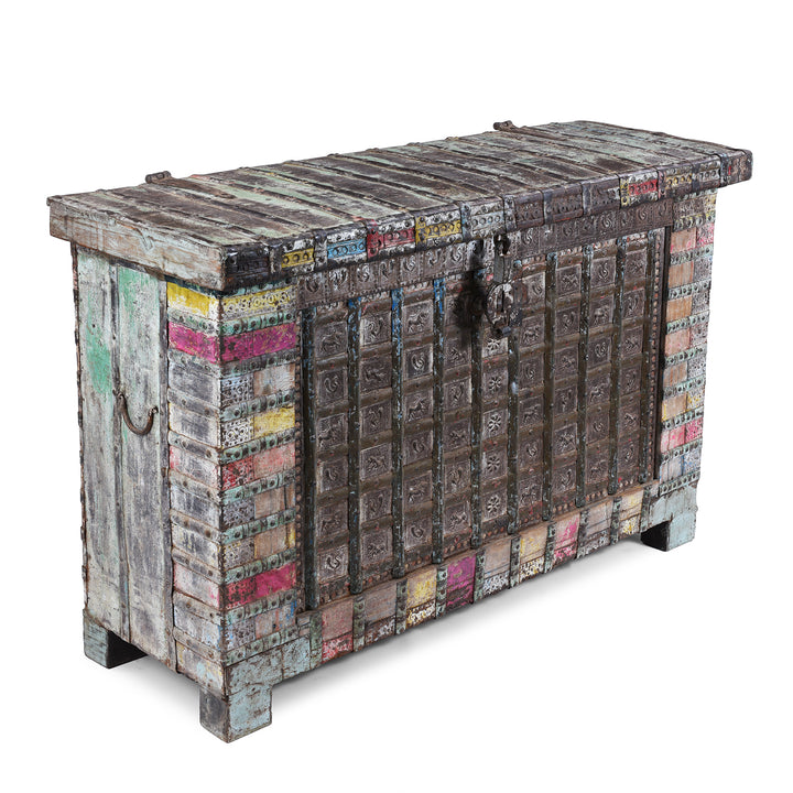 Angled View Of Vintage Painted Indian Pithara Console Chest 