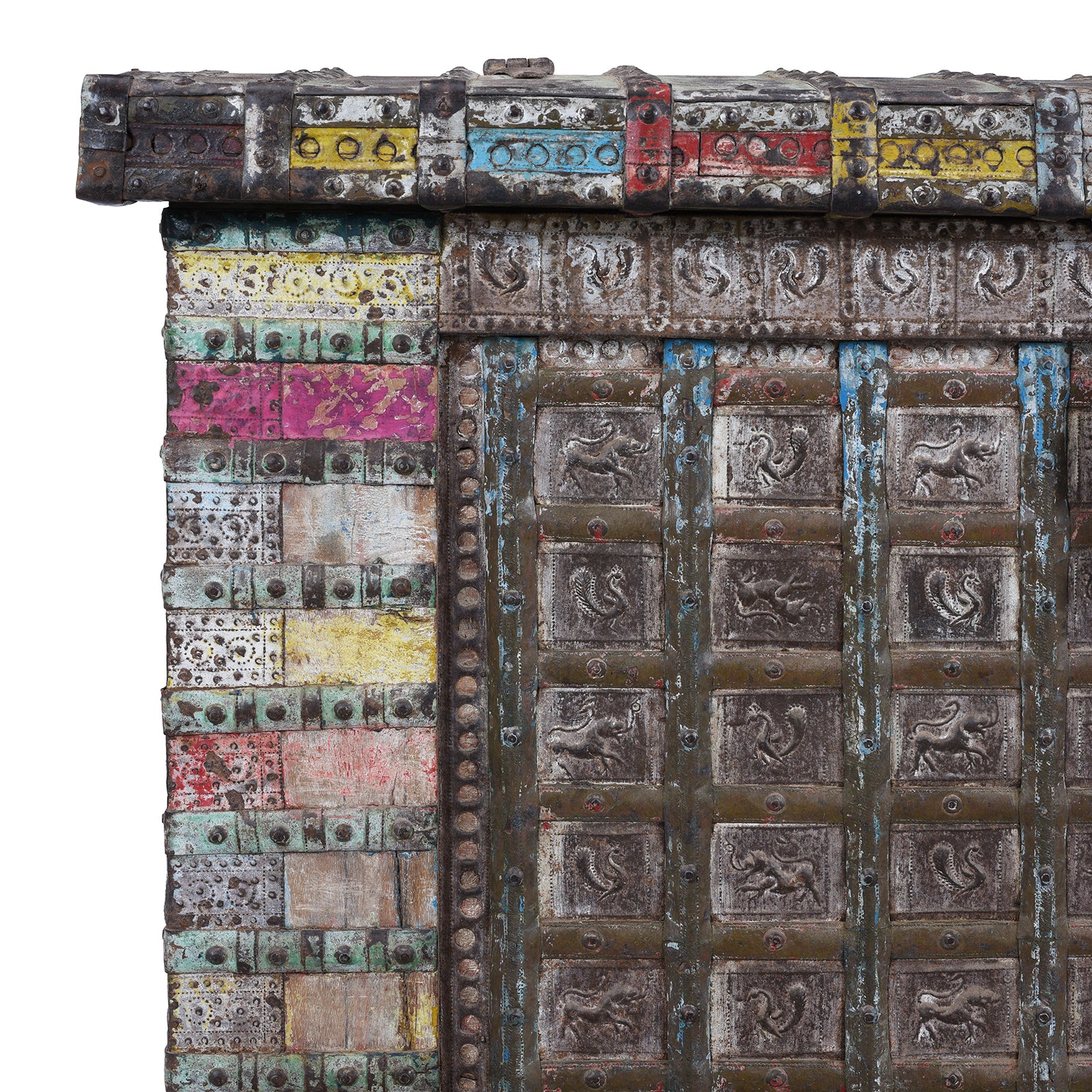 Corner Detail From Vintage Painted Indian Pithara Console Chest 