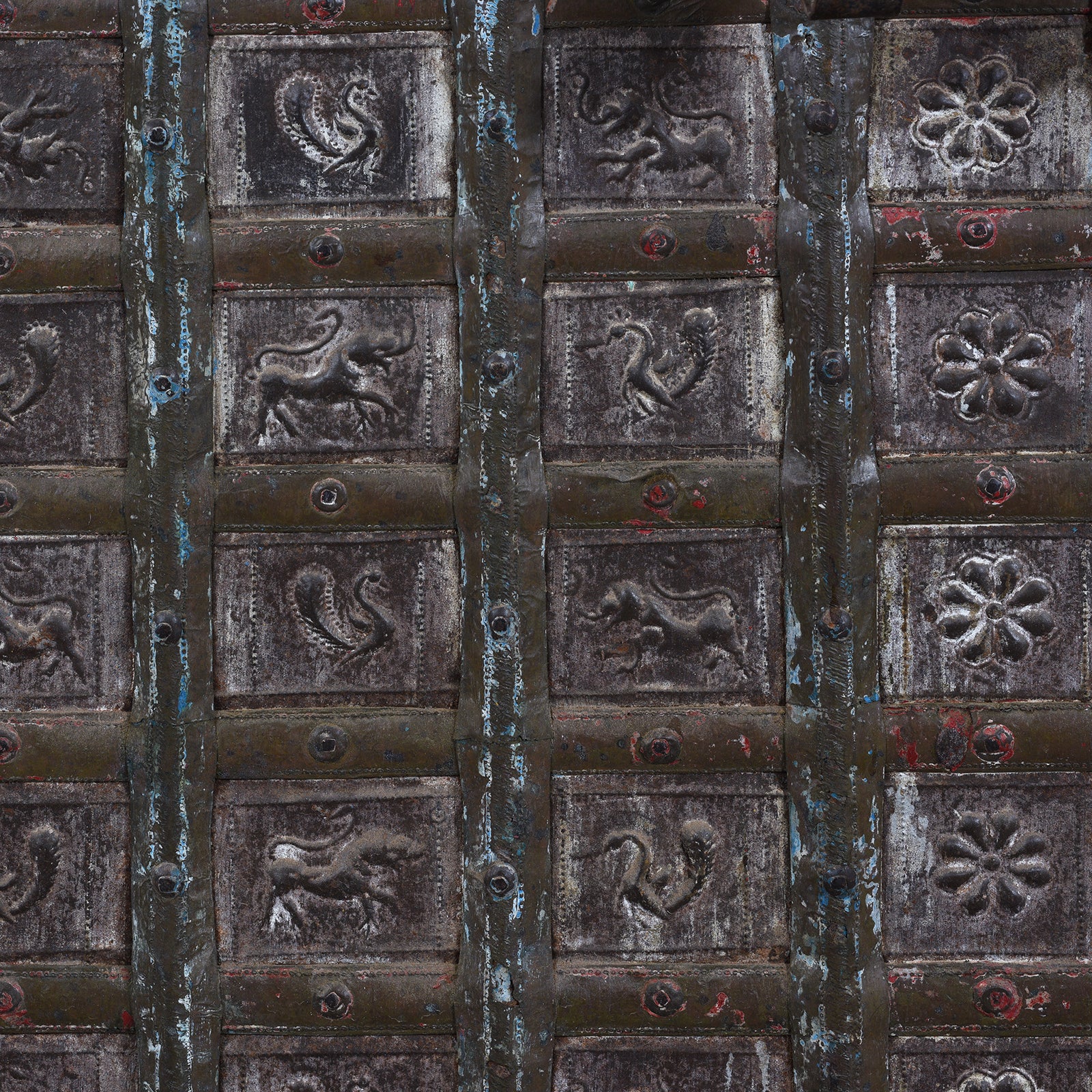 Animals Detail From Vintage Painted Indian Pithara Console Chest 