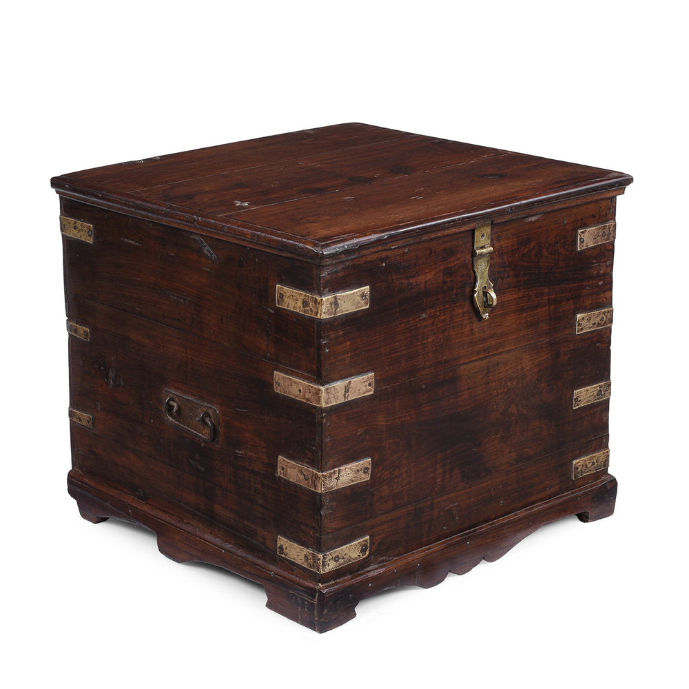 Angled View Of Anglo Indian Campaign Teak Side Chest With Brass Mounts And Fixed Internal Compartments | Indigo Antiques