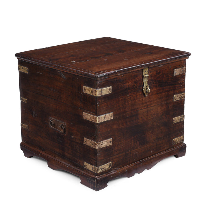 Angled View Of Anglo Indian Campaign Teak Side Chest With Brass Mounts And Fixed Internal Compartments | Indigo Antiques