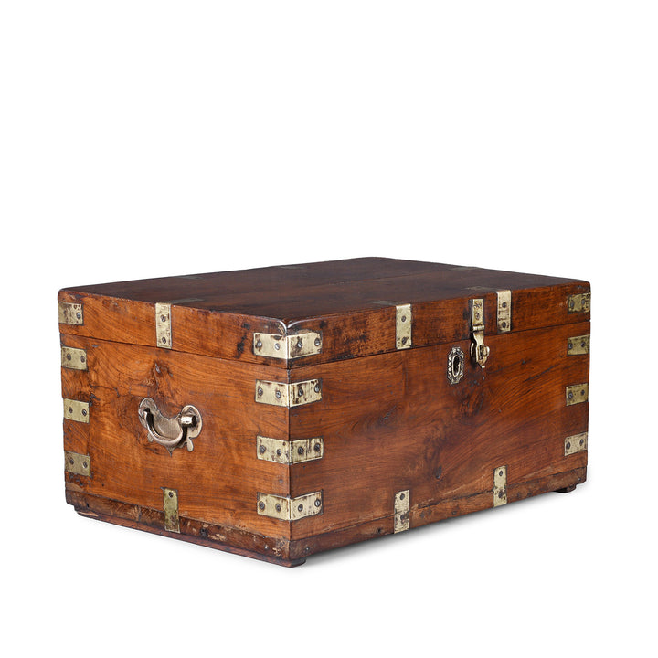 Angled View Of Brass Bound Anglo Indian Teak Military Chest With Removable Tray 19th Century