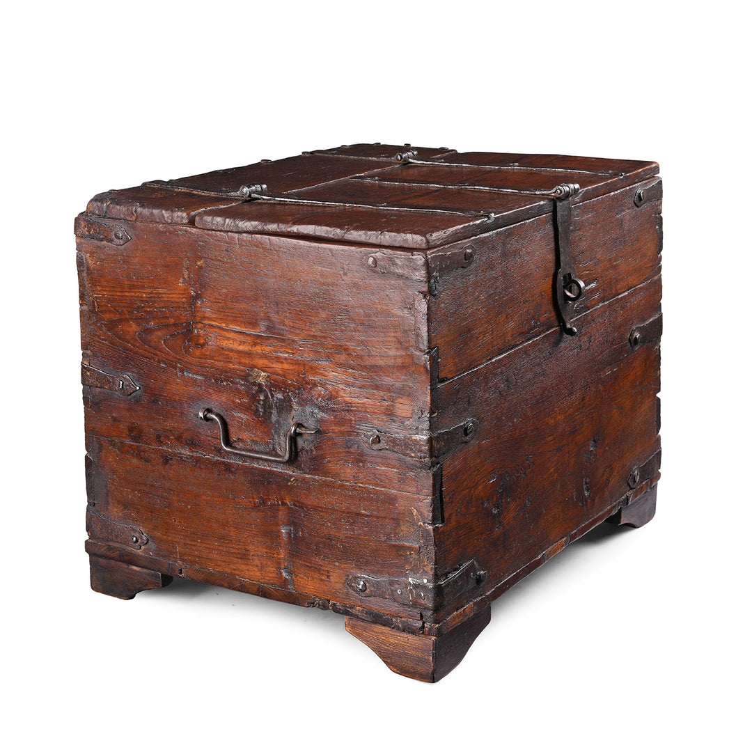Angled View Of Antique Indian Iron Bound Teak Chest | Indigo Antiques