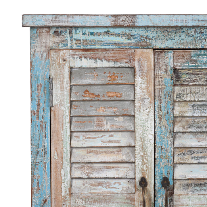 Detail Of Corner From Painted Reclaimed Teak Four Door Louvre Sideboard With Distressed Multi Coloured Finish