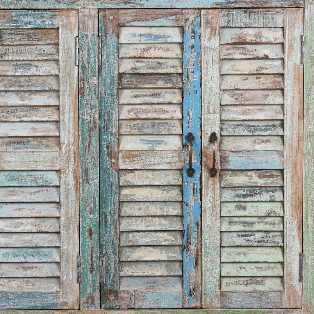 Detailed View Of Doors From Painted Reclaimed Teak Four Door Louvre Sideboard With Distressed Multi Coloured Finish