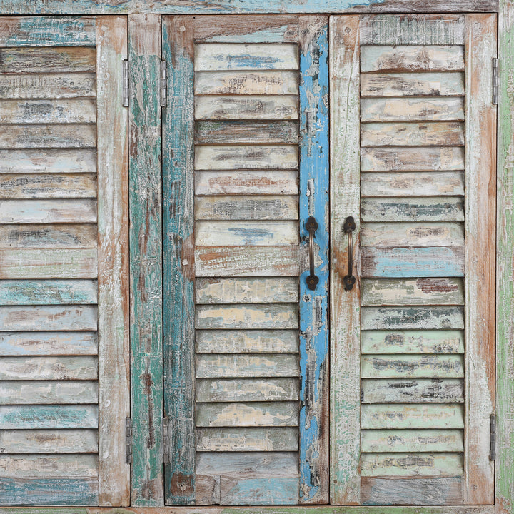 Detailed View Of Doors From Painted Reclaimed Teak Four Door Louvre Sideboard With Distressed Multi Coloured Finish