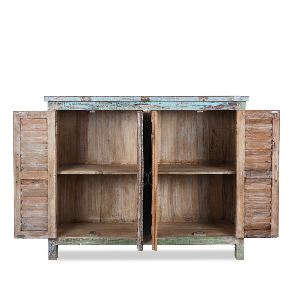Internal View Of Painted Reclaimed Teak Four Door Louvre Sideboard With Distressed Multi Coloured Finish