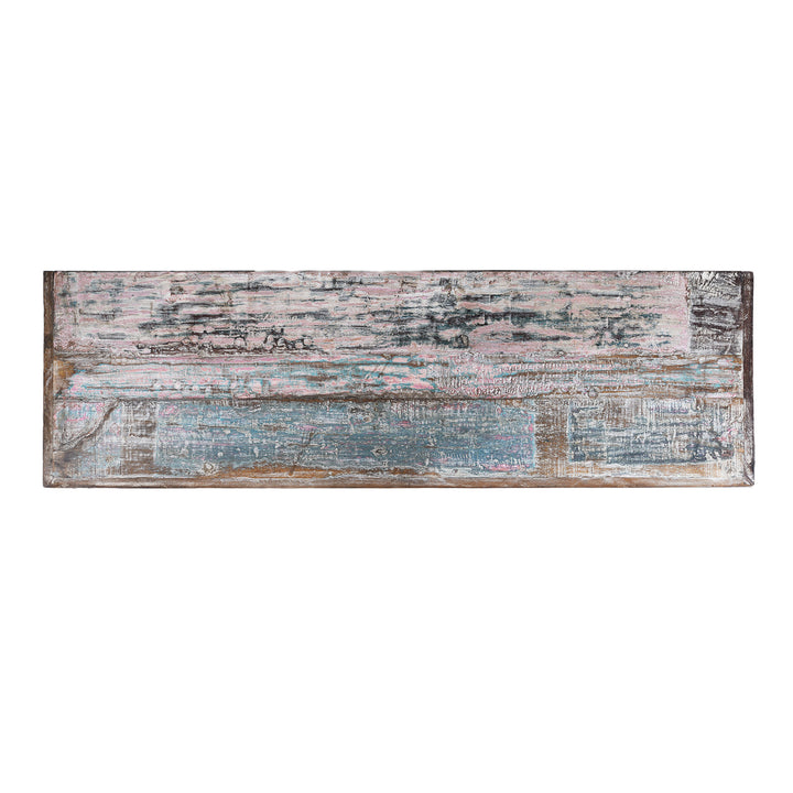 Top Down View Of Painted Reclaimed Teak Four Door Louvre Sideboard With Distressed Multi Coloured Finish