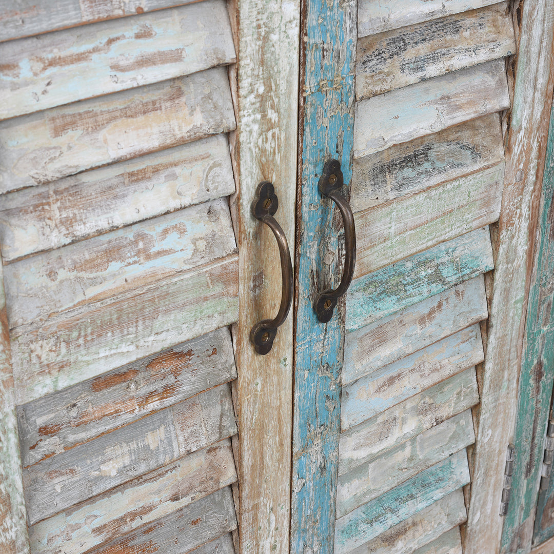Detailed View Of Iron Handles From Painted Reclaimed Teak Four Door Louvre Sideboard With Distressed Multi Coloured Finish