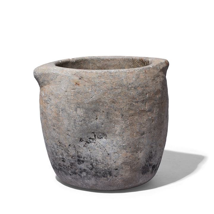 Carved Stone South Indian Pot With Flared Rim And Weathered Surface