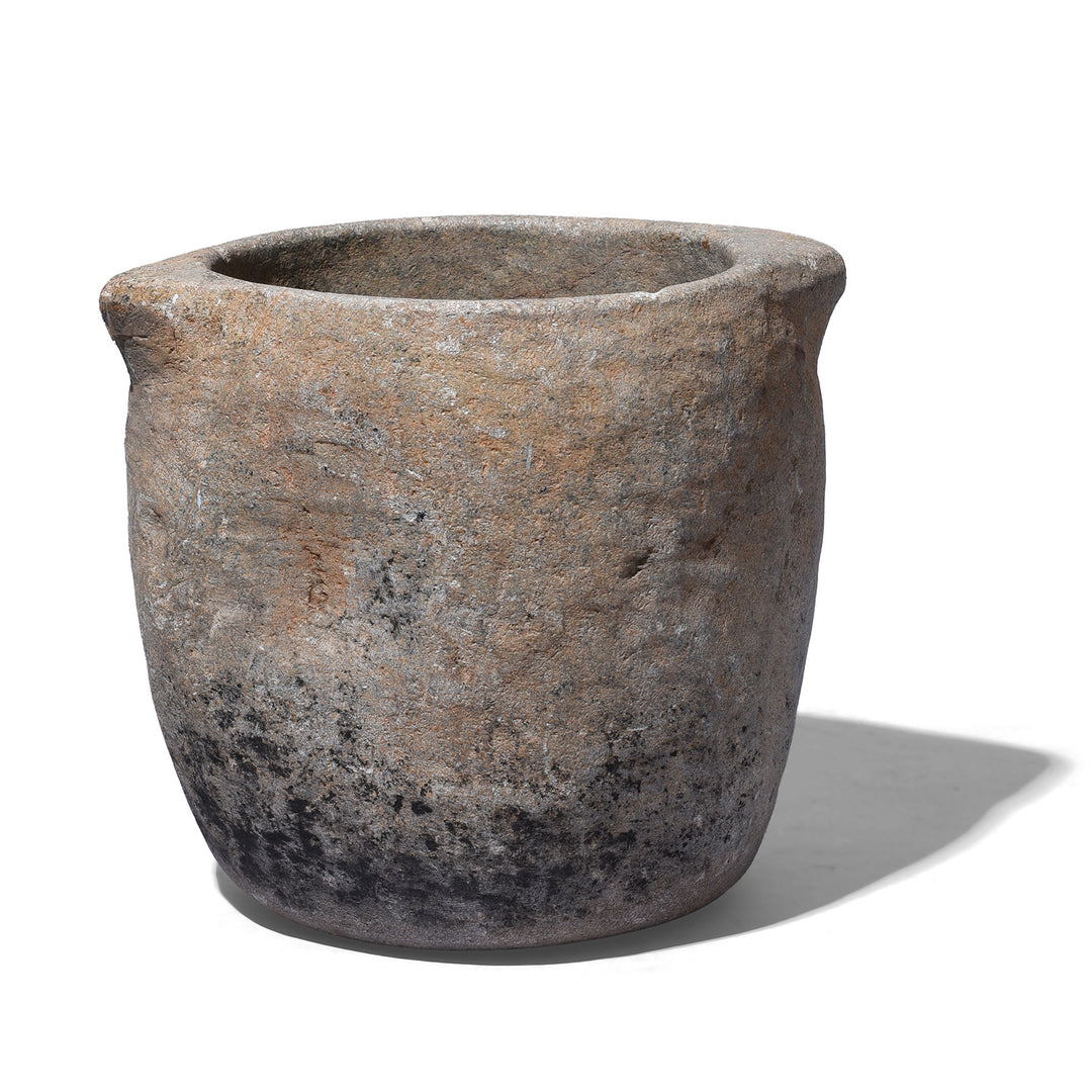 Carved Stone South Indian Pot With Flared Rim And Weathered Surface