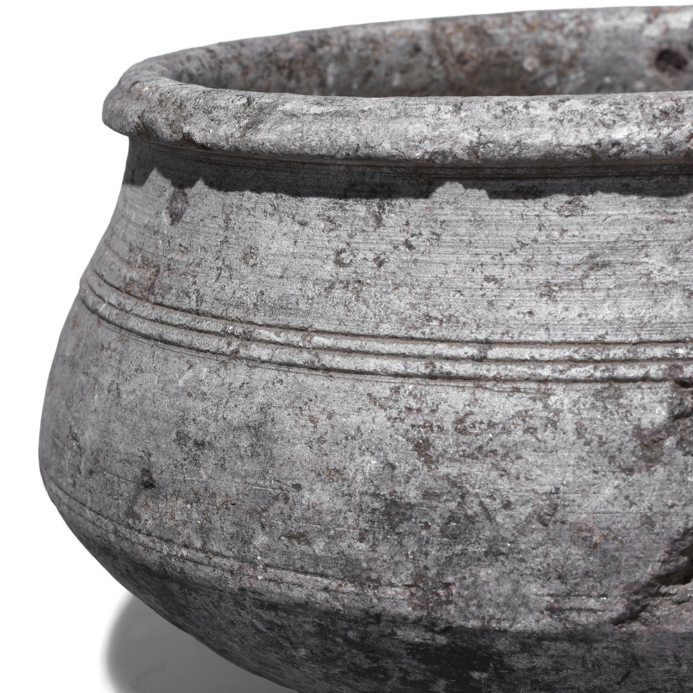 Rim And Grooves Detail From Indian Nineteenth Century Hand Carved Stone Water Pot With Carved Grooves And Aged Surface Used As A Planter
