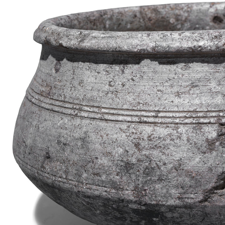 Rim And Grooves Detail From Indian Nineteenth Century Hand Carved Stone Water Pot With Carved Grooves And Aged Surface Used As A Planter