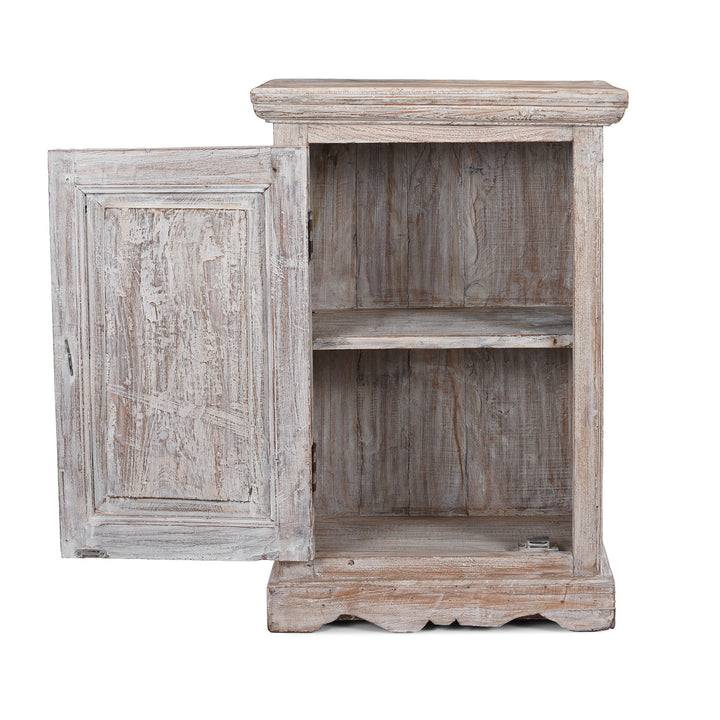 Interior Of Indian Reclaimed Teak Bedside Cabinet With Carved Door Panel