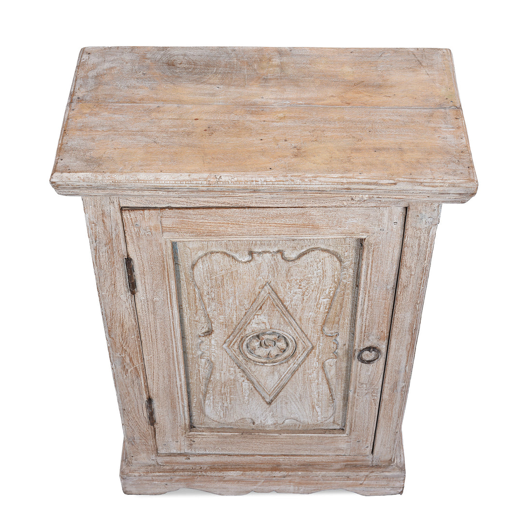 Top Down View Of Indian Reclaimed Teak Bedside Cabinet With Carved Door Panel