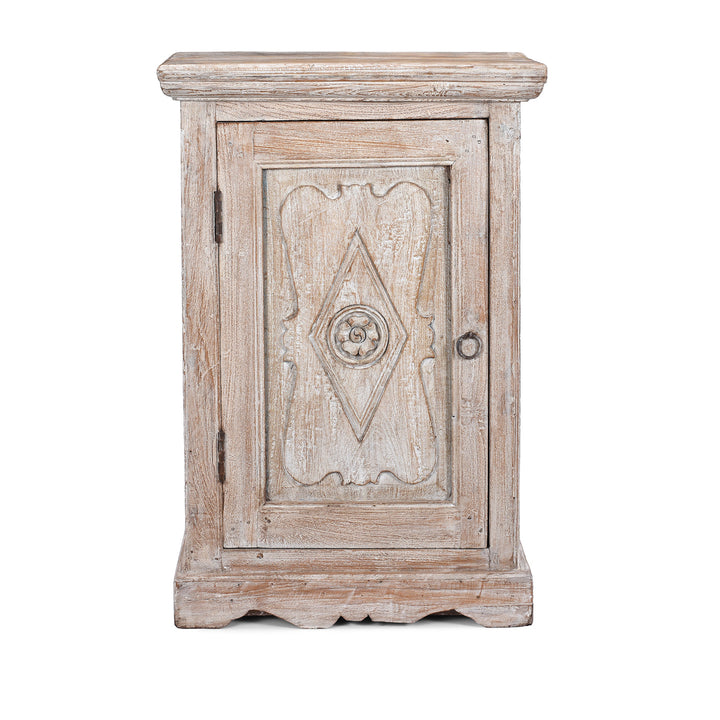 Indian Reclaimed Teak Bedside Cabinet With Carved Door Panel