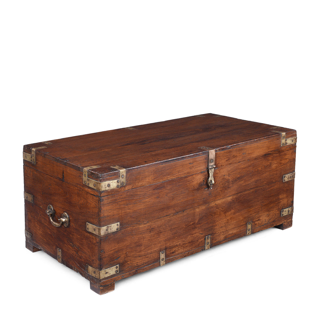 Angled VIew Of Antique Indian Brass Bound Teak Military Chest | Indigo Antiques