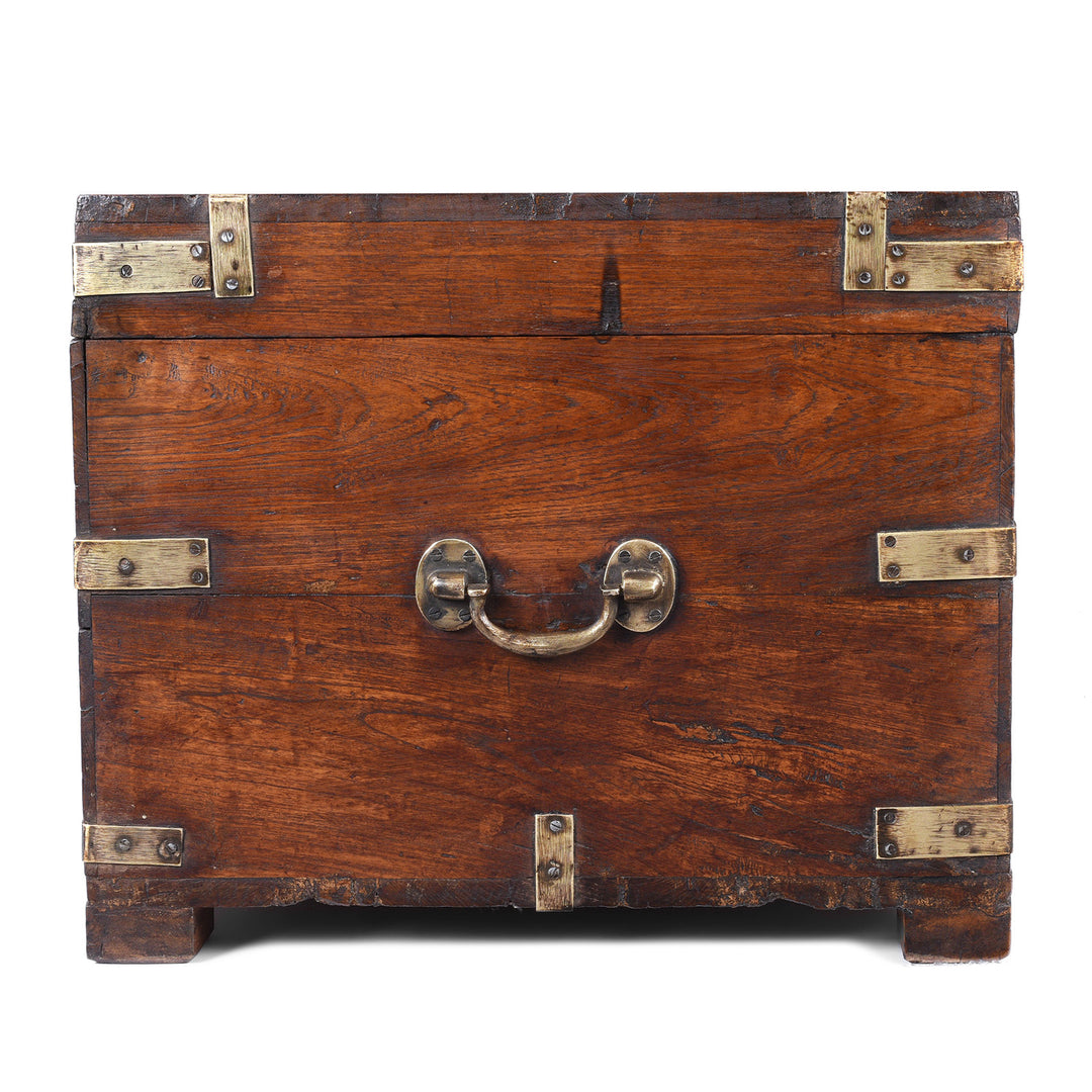 Side Detail Shaowing Handle On Antique Indian Brass Bound Teak Military Chest | Indigo Antiques
