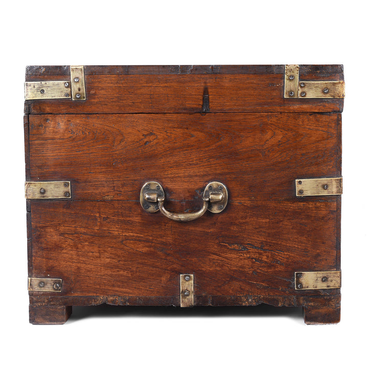 Side Detail Shaowing Handle On Antique Indian Brass Bound Teak Military Chest | Indigo Antiques