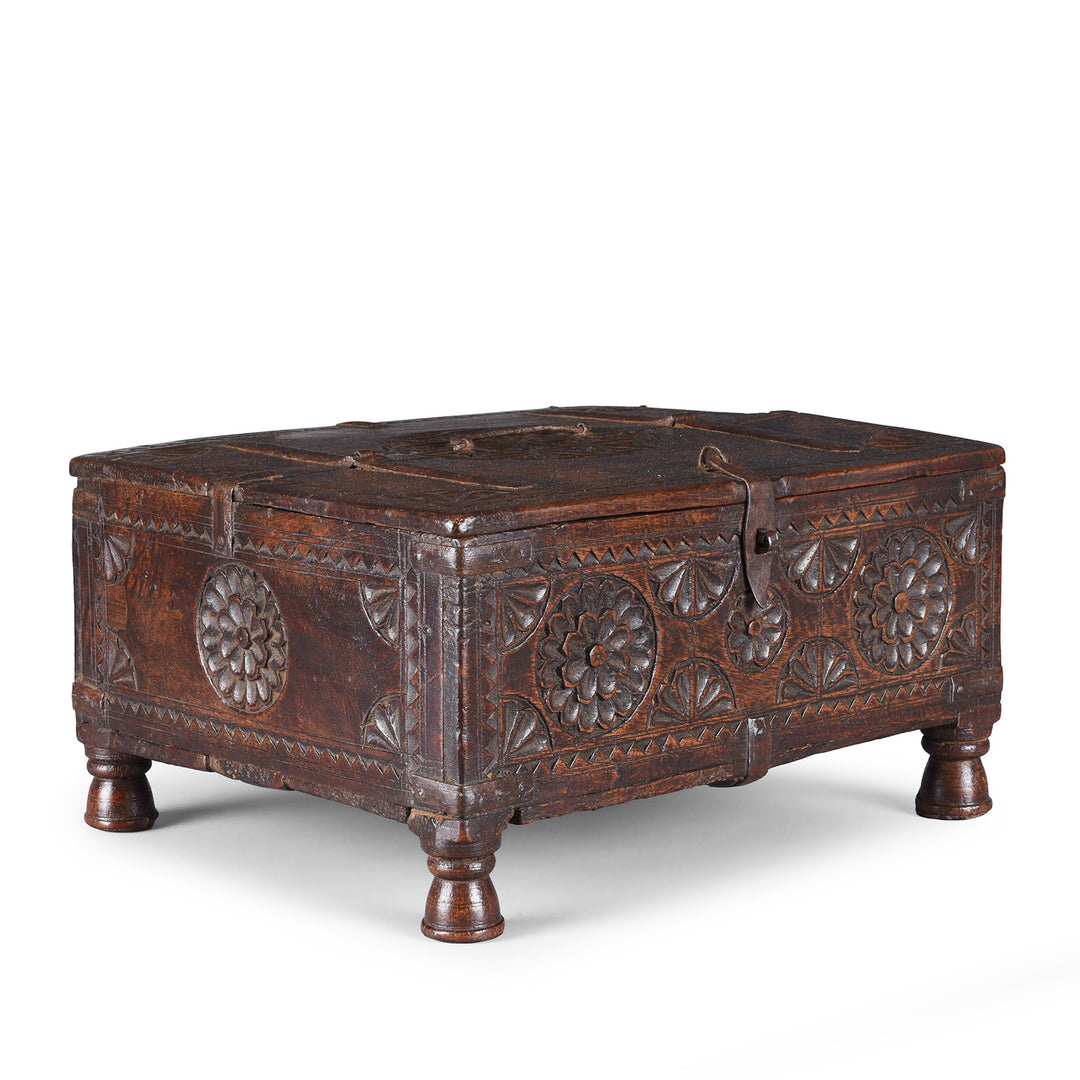 Angled View Of Antique Indian Chip Carved Merchants Box | Indigo Antiques