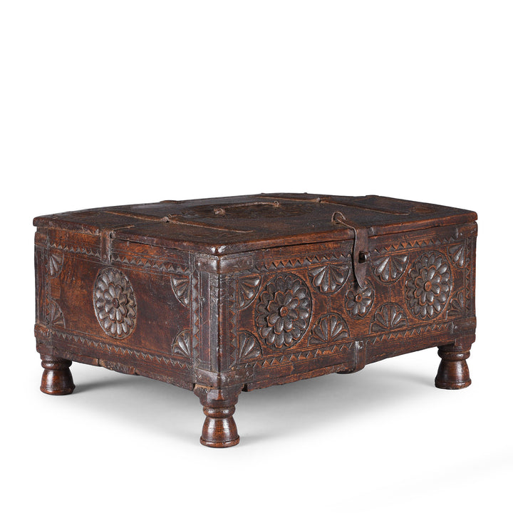 Angled View Of Antique Indian Chip Carved Merchants Box | Indigo Antiques
