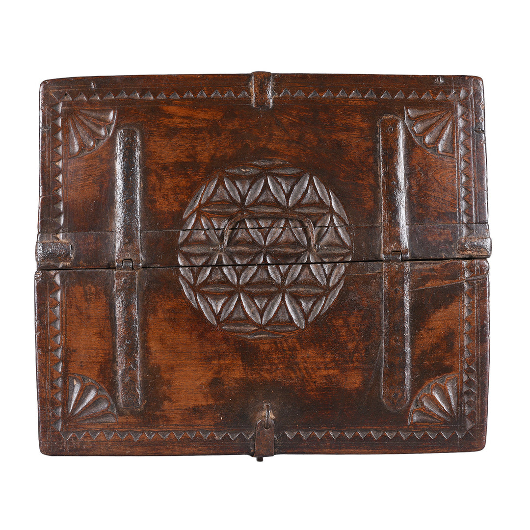 Top Down VIew Of Antique Indian Chip Carved Merchants Box | Indigo Antiques