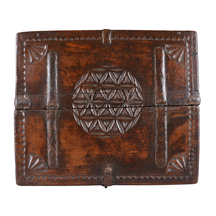 Top Down VIew Of Antique Indian Chip Carved Merchants Box | Indigo Antiques