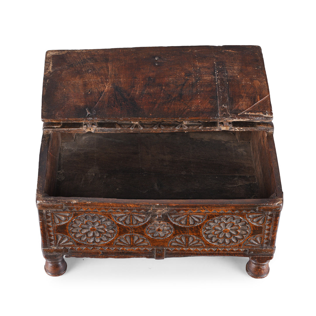 Interior Of Antique Indian Chip Carved Merchants Box | Indigo Antiques