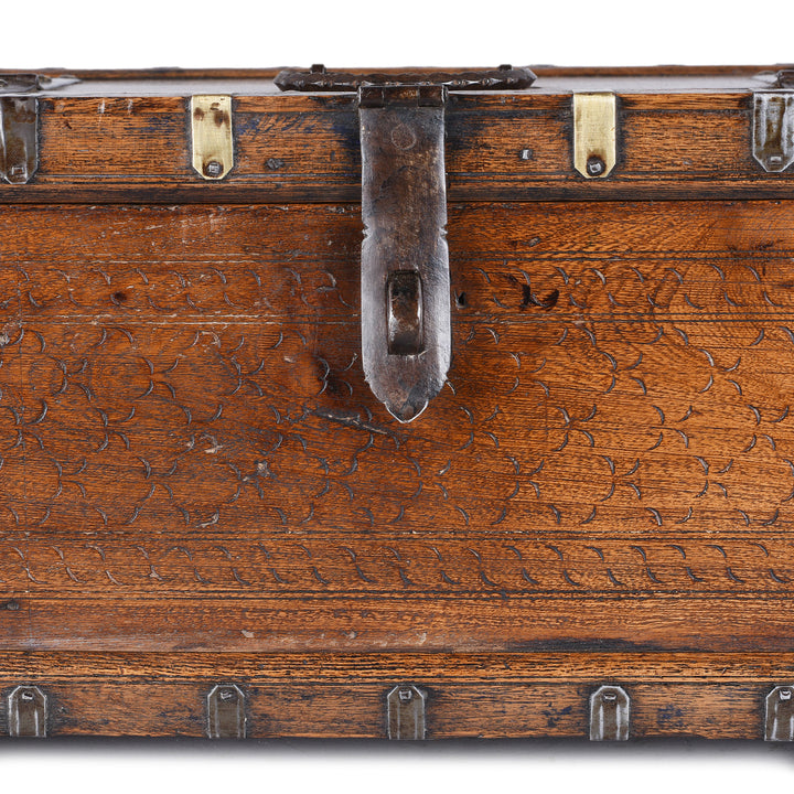 Latch Detail From 19th Century Rajasthani Roheda Wood Merchants Box With Brass Binding And Carved Geometric Decoration