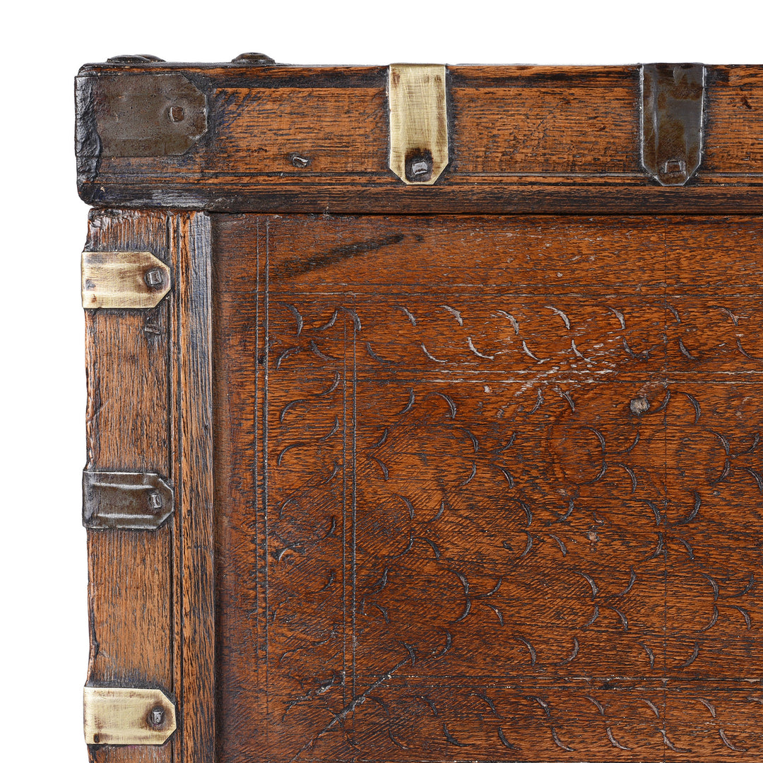 Corner Detail From 19th Century Rajasthani Roheda Wood Merchants Box With Brass Binding And Carved Geometric Decoration