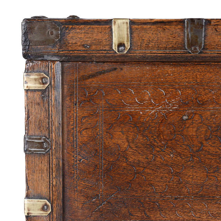 Corner Detail From 19th Century Rajasthani Roheda Wood Merchants Box With Brass Binding And Carved Geometric Decoration