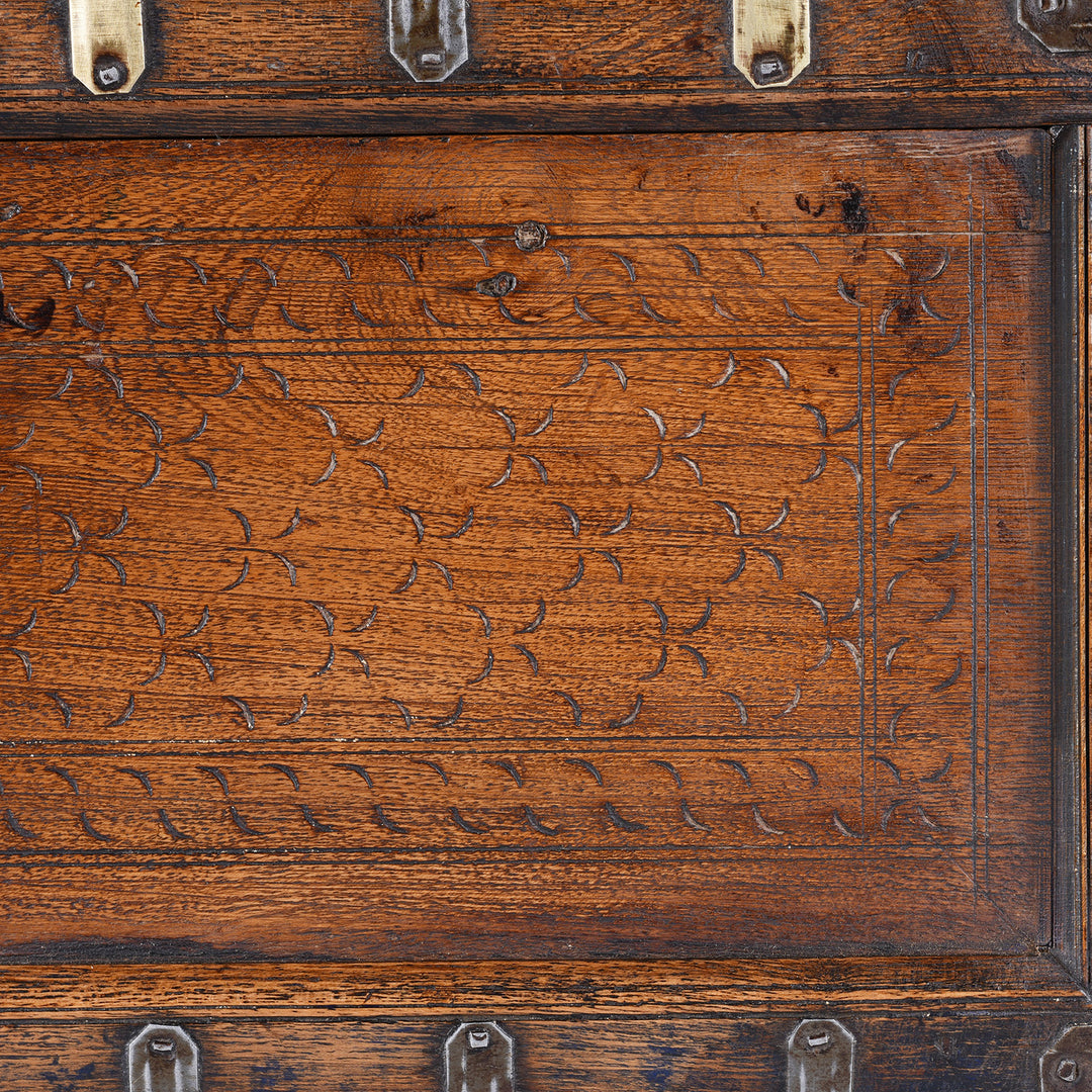 Detail From 19th Century Rajasthani Roheda Wood Merchants Box With Brass Binding And Carved Geometric Decoration