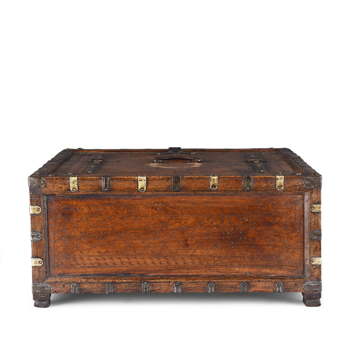Back Of 19th Century Rajasthani Roheda Wood Merchants Box With Brass Binding And Carved Geometric Decoration