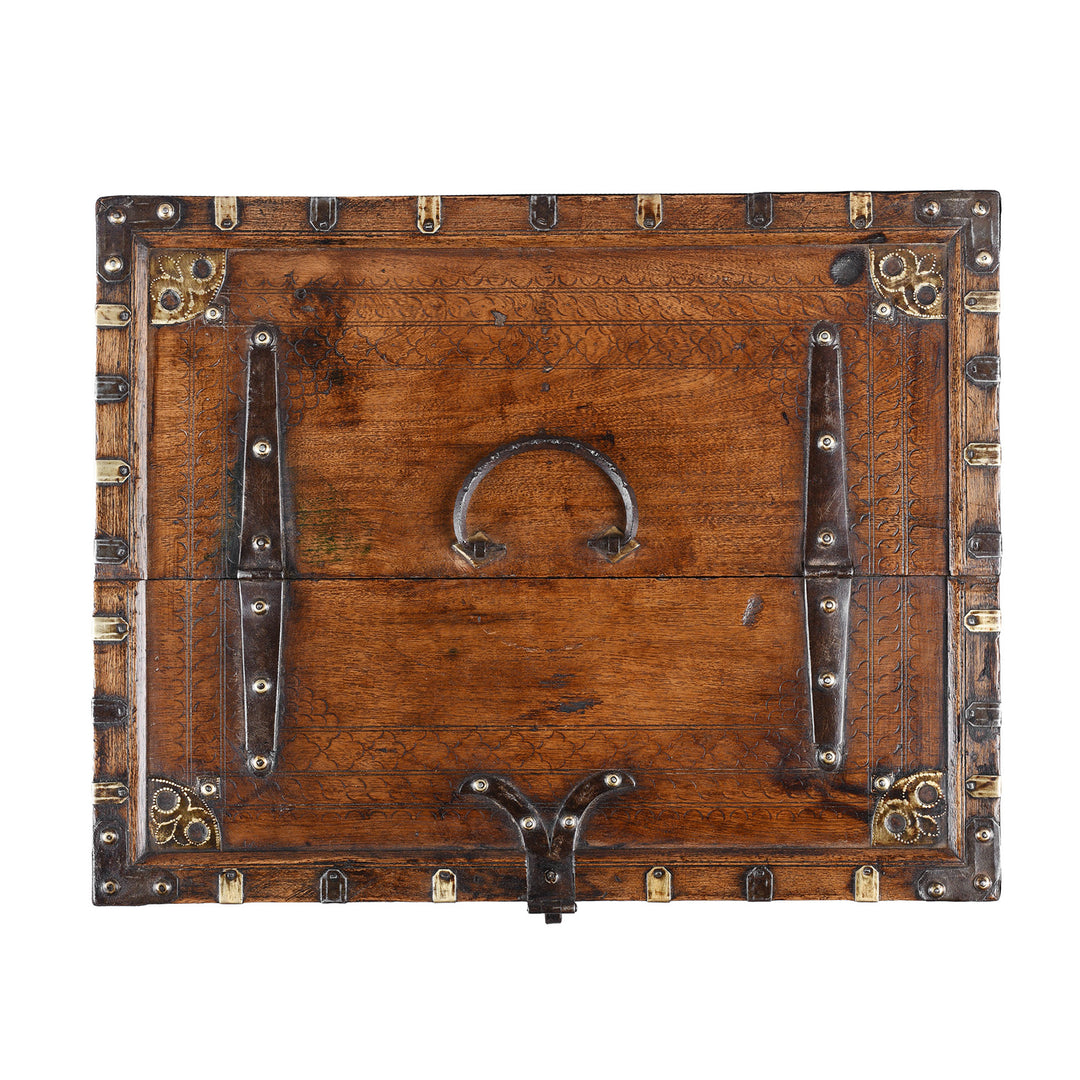 Top Down View Of 19th Century Rajasthani Roheda Wood Merchants Box With Brass Binding And Carved Geometric Decoration