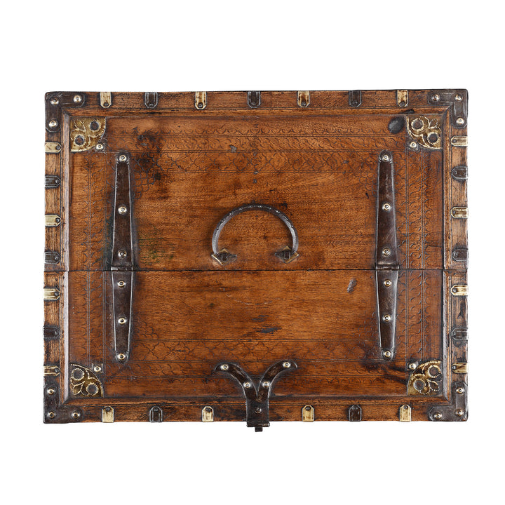 Top Down View Of 19th Century Rajasthani Roheda Wood Merchants Box With Brass Binding And Carved Geometric Decoration