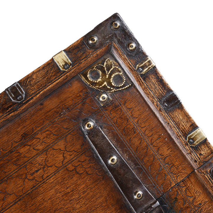 Detail From Top Of 19th Century Rajasthani Roheda Wood Merchants Box With Brass Binding And Carved Geometric Decoration
